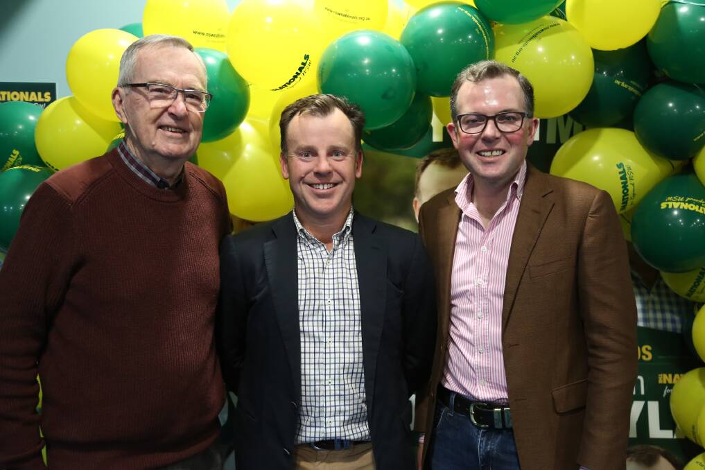 Former member for Northern Tablelands Ray Chappell celebrates Brendan Moylan's election win alongside Mr Moylan and retiring member Adam Marshall. Picture supplied by the NSW Nationals