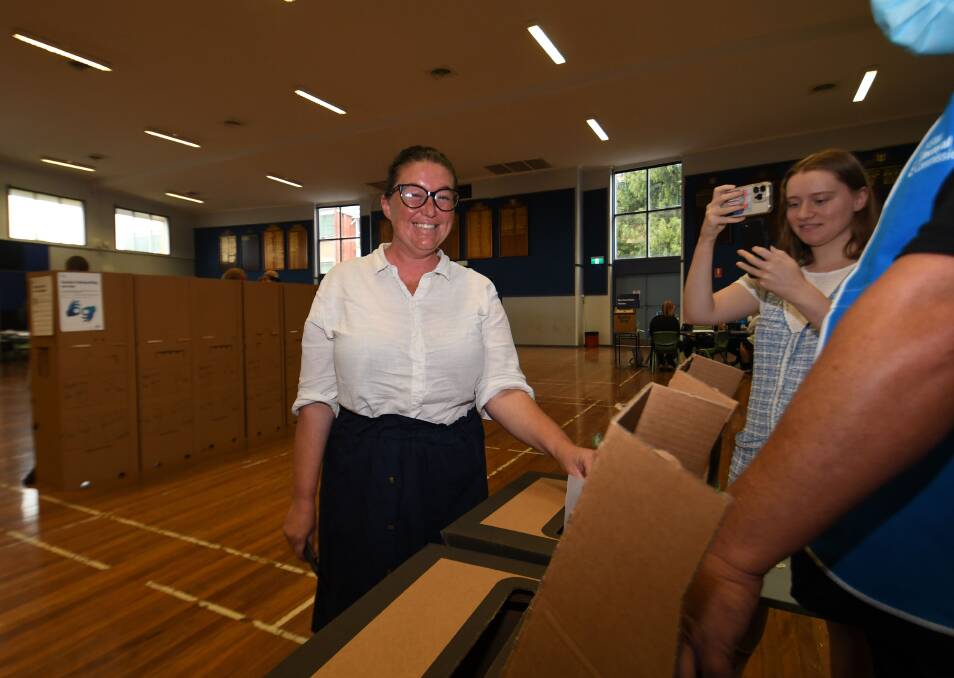 Labor candidate Kate McGrath casts her ballot in the 2023 NSW state election. Picture by Gareth Gardner