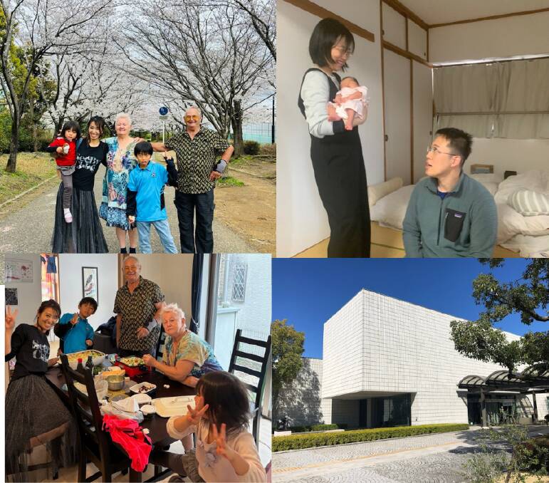 (Top left) Yurie and her two children with John and Polly Cameron. (Top Right), Manaka with her husband and new baby girl. (Bottom left) Yurie and her family with hosts in Japan. (Bottom right), the fine arts museum where Manaka now works. Al pictures supplied. 