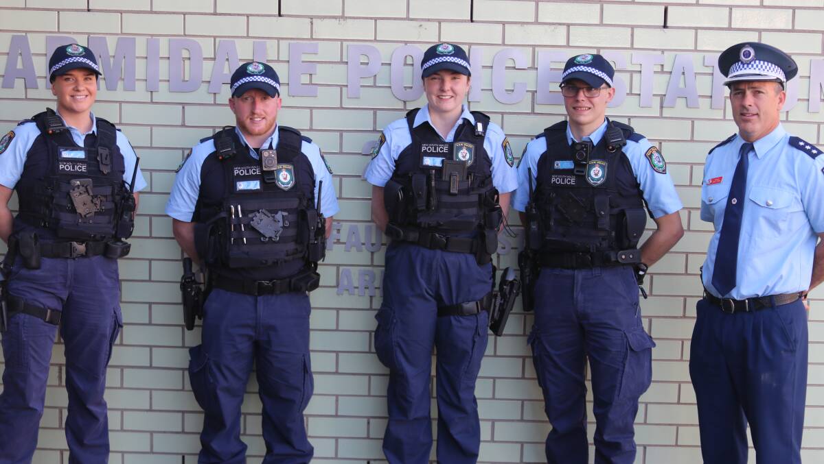 Education and Training Officer Meriki Buckman, Probationary Constables Alex Reeves, Jane McCarthy and Max Gates, with Inspector Gregory Ryan outside Armidale Police Station on Thursday, August 24. Picture by Heath Forsyth