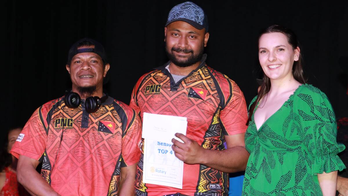 Overall winners of Inverell's Got Talent from left, Virgil Sereva and Jonathan Maru with judge Jasmine Aleisha.