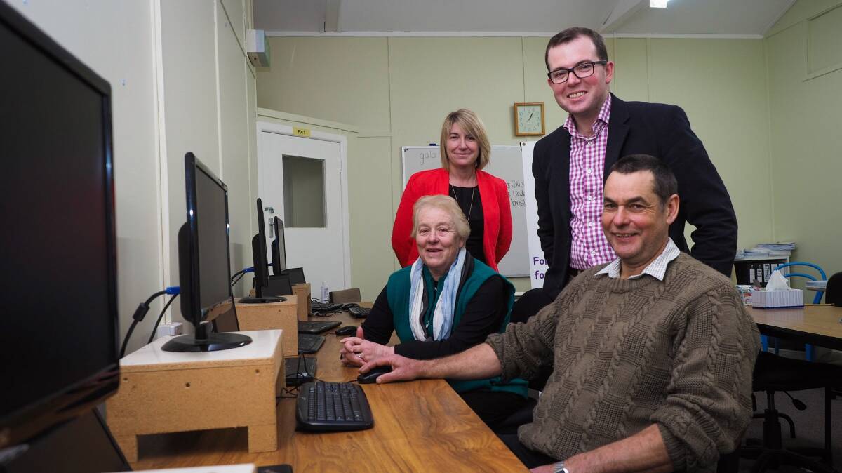 GALA executive officer Dot Lockyer, left, tutor Edna Mendes and President Campbell Wolfenden joined Northern Tablelands MP Adam Marshall in one of the Association’s Guyra classrooms.