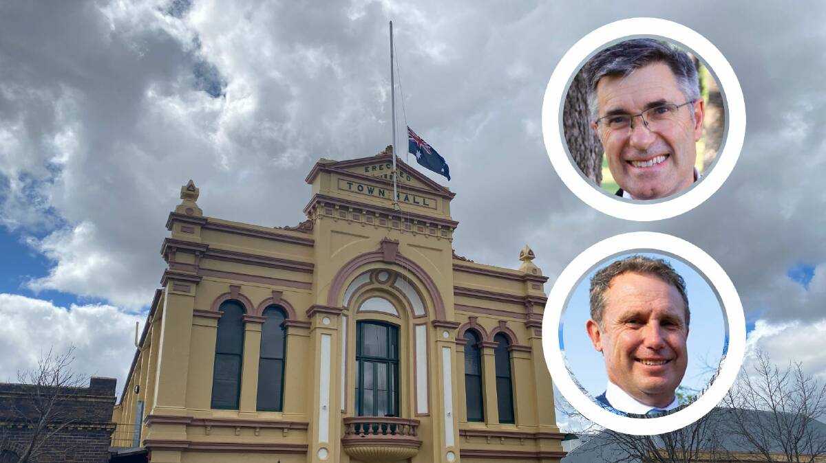 The flag flies at half-mast above Armidale Town Hall on Friday, September 9 after the Queen died, and (inset) Anglican Bishop Rod Chriswell (top) and Armidale Regional Council mayor Sam Coupland.