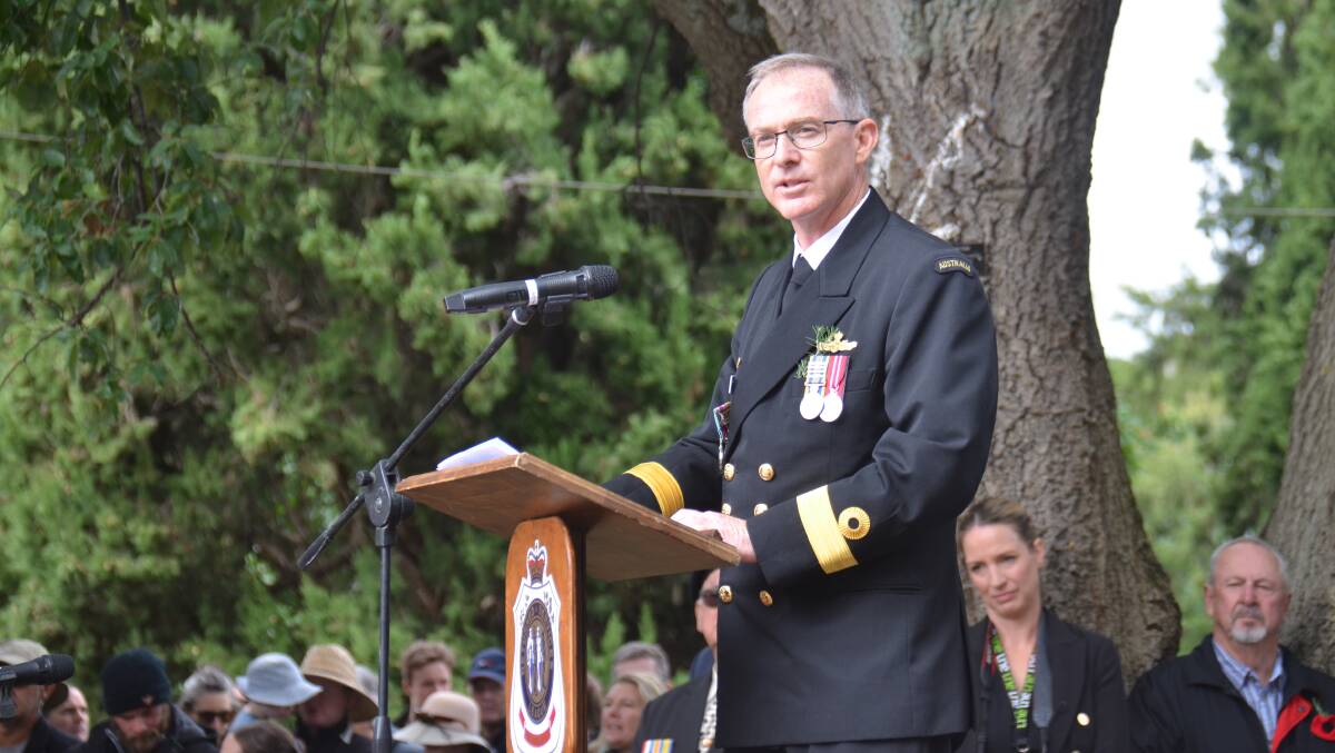 Commodore Jason Sears speaks at the Anzac Day ceremony in Central Park. Picture by Laurie Bullock