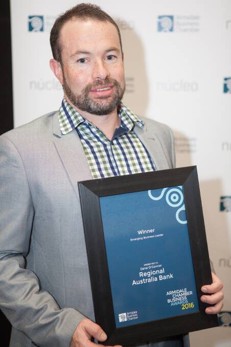 Dane O'Connor wins Emerging Business Leader at the Armidale Chamber Business Awards last Friday. Photo: Simon Scott.