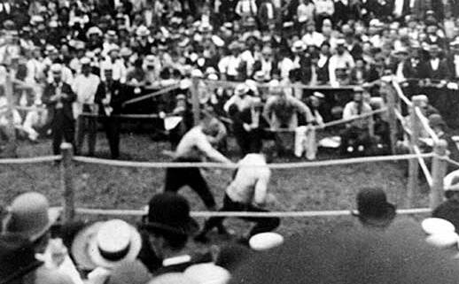 Historic fight: John L. Sullivan fighting Jake Kilrain in 1889. Sullivan won the 75-round fight which was the last heavyweight title bout held under London Prize Ring rules.