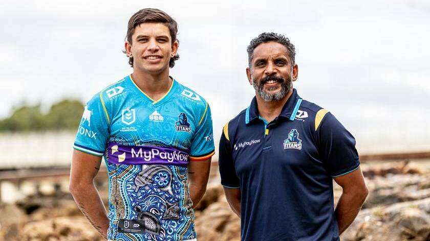 Campbell with his son Jayden, who now plays NRL for the Titans. Preston has received an OAM for his work with Indigenous youth. Photo supplied 