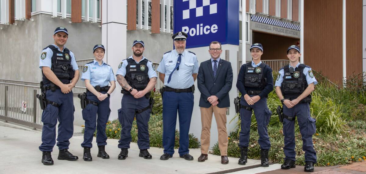 NEW ADDITIONS: Five new police officers were welcomed to the region on their first day on duty. Probationary Constables Charles Onus (Moree), Christina DArchy (Armidale), Dominik Bush (Glen Innes), Acting Inspector and Officer in Charge at Inverell Ross Chilcott, Northern Tablelands MP Adam Marshall, Probationary Constables Millie Swan (Moree) and Liam Lisser-Sproule (Inverell). Picture: Supplied