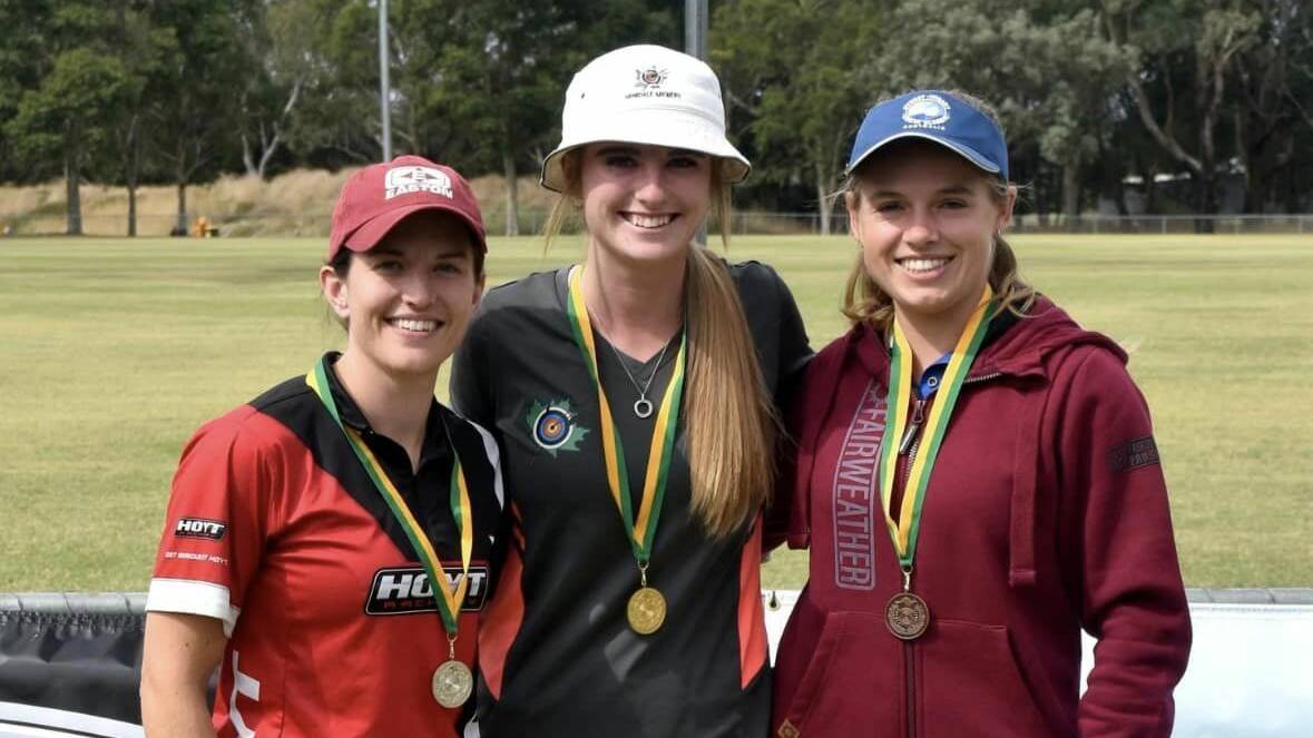 Ella-rose Carson (centre) was crowned the Archery Australia Open Womens Recurve Champion. Picture supplied. 