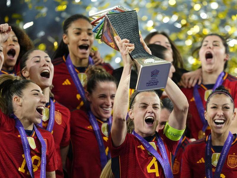 Spain's captain Irene Paredes lifts the Women's Nations League trophy. (AP PHOTO)